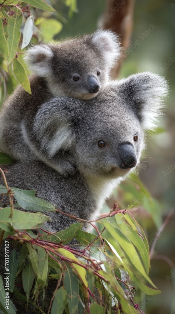 Fototapeta premium Koala mother and baby resting in eucalyptus tree