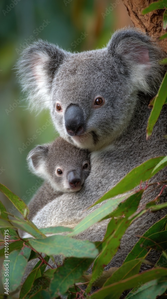 Naklejka premium Koala mother and baby resting in greenery together