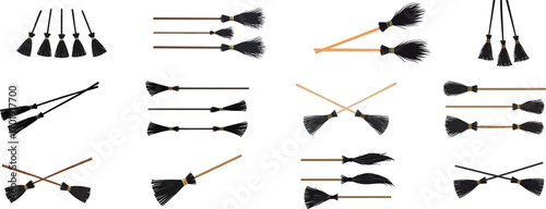 Halloween Witch Brooms set: A series of witch brooms arranged in various orientations.