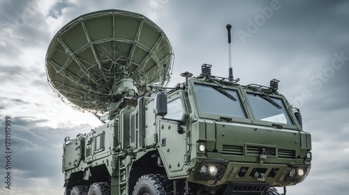 Mobile radar system on a truck chassis for military and security purposes against a cloudy sky.