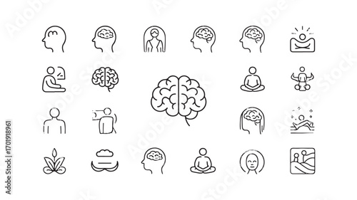 Line icons of brain meditation and mindfulness representing mental health peace and well-being