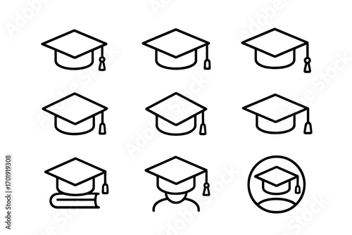 Graduation cap thin line icons set. Editable stroke academic hat symbols for web, book, card, app design. Modern vector cartoon illustration. Education achievement, graduate, learning concept pack.