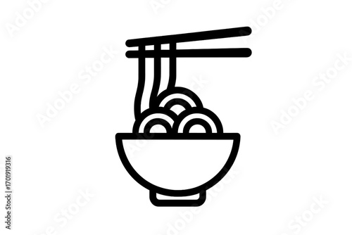Minimalistic vector icon pictogram of ramen noodles in bowl with chopsticks for Asian food design, app interface, banner, social media, web graphics, menu, restaurant branding, transparent background