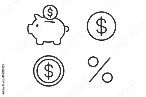 Piggy bank savings and financial icons pack. Money dollar coin, percent sign, currency banking, finance investment concept. Minimalistic line pictogram for business banner, app, card, post design.
