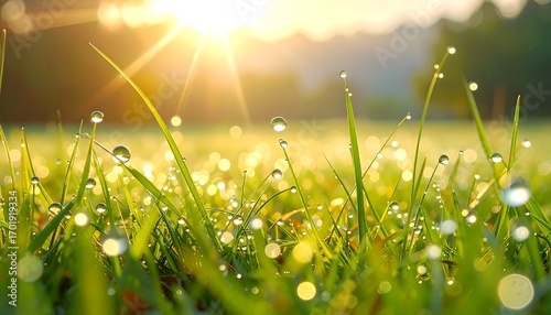 Dew-kissed grass blades sparkle in the morning sun, a vibrant scene of nature's beauty.