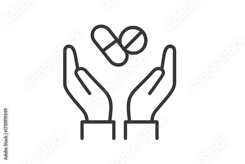 Minimalistic line icon of human hands holding pills, pharmaceutical care concept, medicine protection, healthcare symbol for web, apps, banners, social networks, cards and vector stock illustration