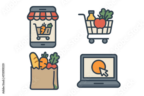 Online grocery shopping vector illustration set, delivery and purchase icons, supermarket food cart, digital order, mobile and web commerce, fresh produce, flat cartoon, transparent background