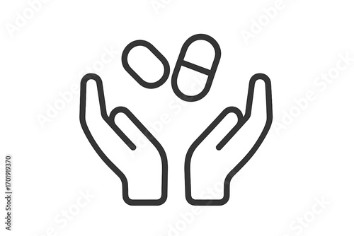 Minimalistic line icon depicting protective cupped hands holding two pills, symbolizing health care, medicine, pharmacy, medication safety, medical assistance, treatment and pharmaceutical concepts