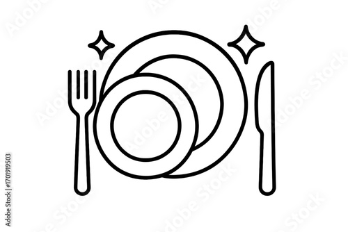 Clean plates and mug outline icon for kitchen, restaurant, cafe, dishware, food service, menu design, web app, advert, business card, sparkling cookware, table setting, vector illustration