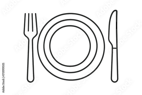 Minimalist dining table setting outline vector with fork, knife, plate, concentric circles, clean lines, restaurant, culinary icon, graphic web design, menu template, food service branding concept