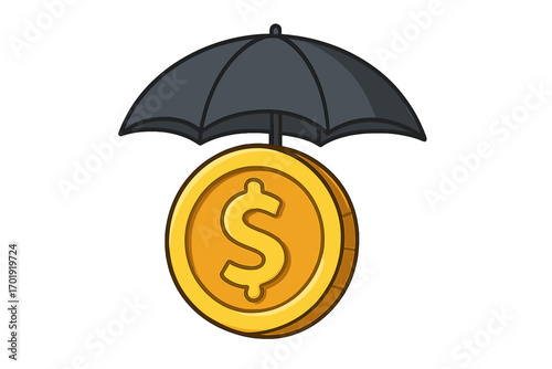 Financial security protection insurance concept. Gold coin with dollar sign under black umbrella. Money savings, budget safety, risk management. Economic stability. Isolated vector illustration.