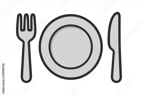 Vector Cartoon Illustration of Plate, Fork, and Knife on Transparent Background for Dish Washing, Restaurant Menu, Culinary Concept, App Icon, Kitchen Graphics, Table Setting, Food Service Design