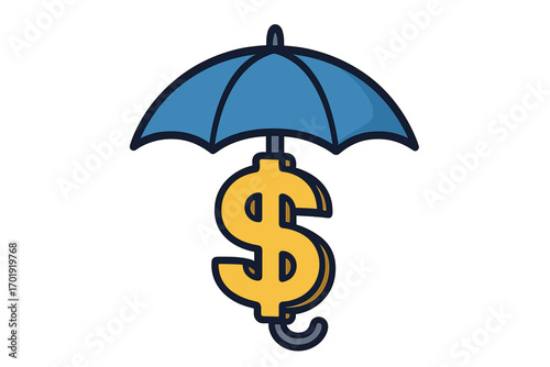 Financial protection umbrella concept, dollar sign insurance symbol, money security investment savings risk management, wealth safety, financial stability icon, protection finance vector illustration