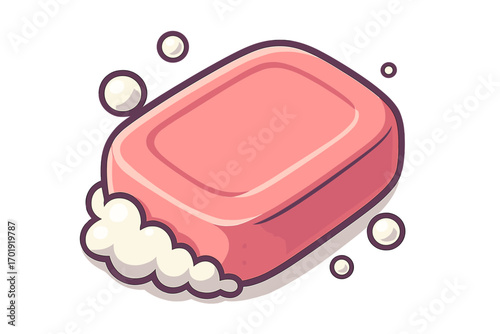 Pink soap bar with foam bubbles cartoon. Clean hygiene concept. Bathroom accessory. Vector illustration for apps, icons, web, graphics, stickers. Isolated, bright, transparent background design.