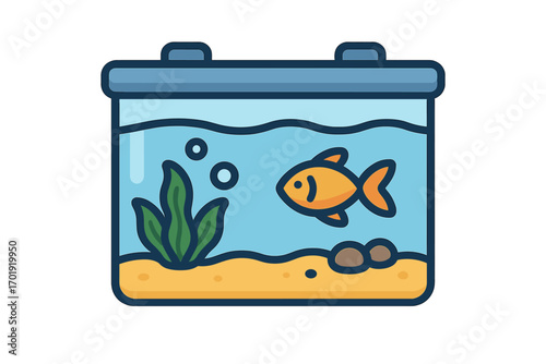 Aquarium fish tank icon, vector cartoon illustration of glass aquarium with goldfish, green plants, stones, bubbles, sand bottom, isolated on transparent background, aquatic pet care graphic