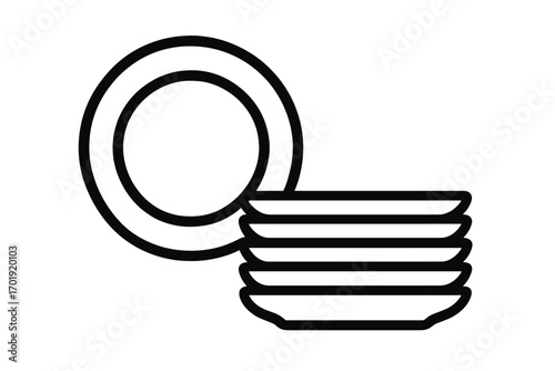 Minimalist line icon stack of clean plates, kitchen utensils, dishware, home hygiene, restaurant service, web graphic design, app user interface, banner, social media, vector illustration