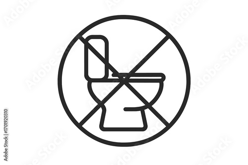 Toilet prohibited minimalistic linear icon. No toilet bowl use clean modern sign. Vector outline graphic for web, app, banner, social media, card, hygiene, public restroom, warning, forbidden symbol.