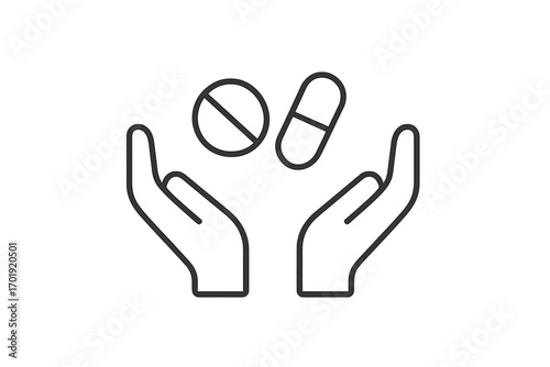 Minimalistic Thin Line Icon of Pills and Medicine in Protecting Hands for Healthcare, Pharmacy, Medical Safety, Drug Prescription, Hospital Web Design, App, Banner, Social Media, Card Illustration