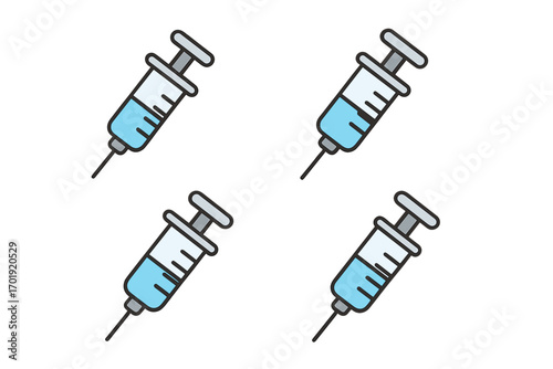 Medical syringe icon set, isolated vector illustration of injection syringes with blue liquid, healthcare vaccination concept, hospital equipment, medical supplies, immunization design elements