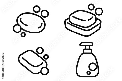 Outline Soap Bar and Liquid Soap Dispenser Icons with Bubbles, Minimalist Hygiene and Cleanliness Symbols, Vector Cartoon Set for Web Design, App UI, Advertising, Transparent Background