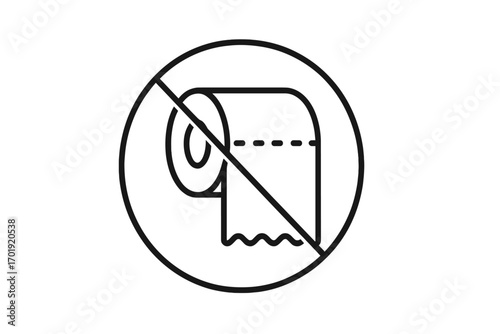 No Toilet Paper Allowed Minimalistic Line Icon, Prohibited Hygiene Symbol, Ban on Toilet Paper Roll, Modern Vector Illustration for Web, Apps, Banners, Posters, Social Media, Notices
