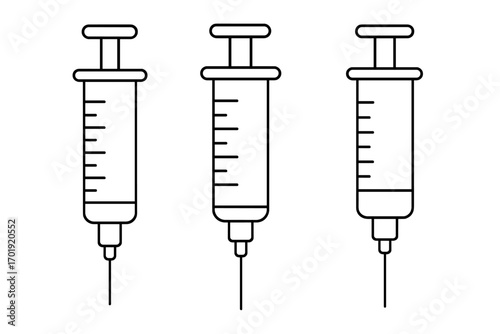 Syringe outline vector illustration set for medical, healthcare, vaccination, injection, hospital, pharmacy, nurse, doctor, clinic, drug, immunization concepts. Transparent background.