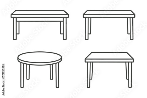 Simple outline table vector collection, set of rectangular and round cartoon tables, linear editable stroke design, minimal black line icons for web, books, cards, apps, transparent background