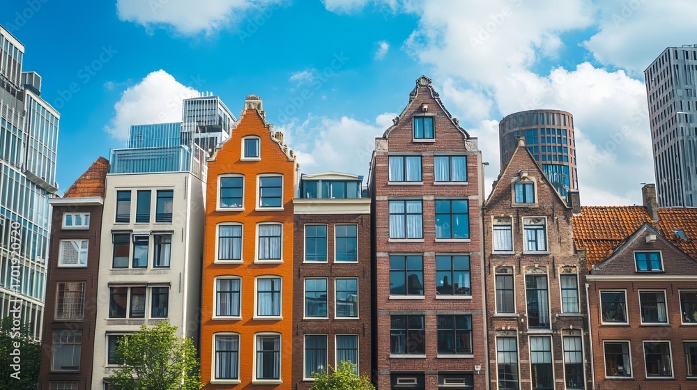 Fototapeta premium Colorful historic buildings alongside modern structures against a bright sky