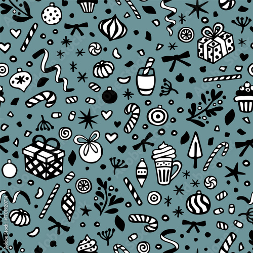 Vector seamless pattern with hand drawn doodles: sweets, gift boxes, bulbs, snowflakes and serpentine. Cute design for Christmas wrapping paper, textile, wallpaper and backgrounds.