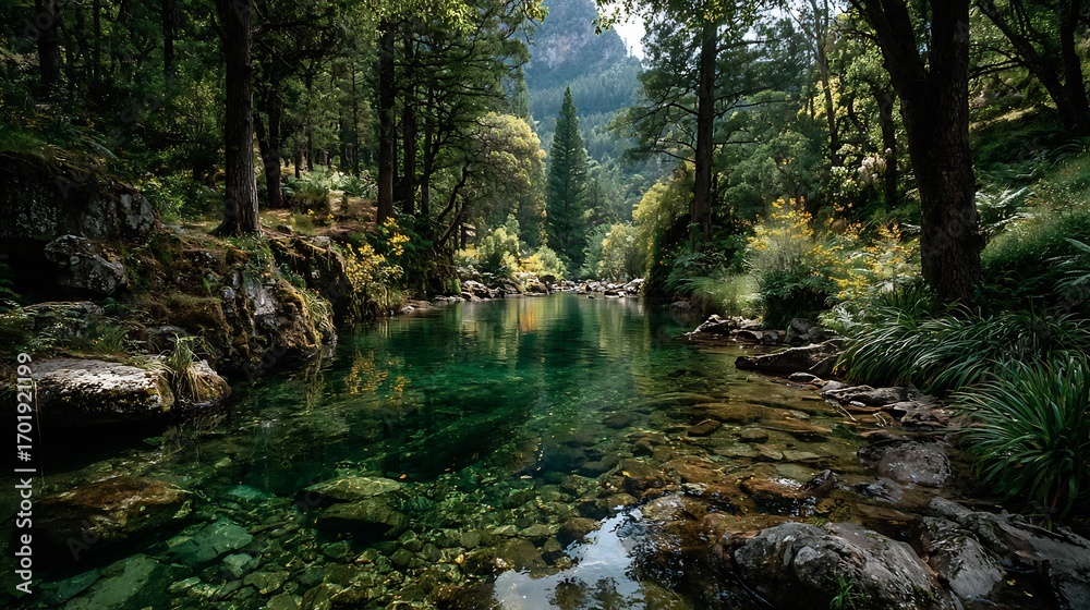 Obraz premium Serene forest river flows through lush greenery with sunlight dappling the clear water and rocky banks