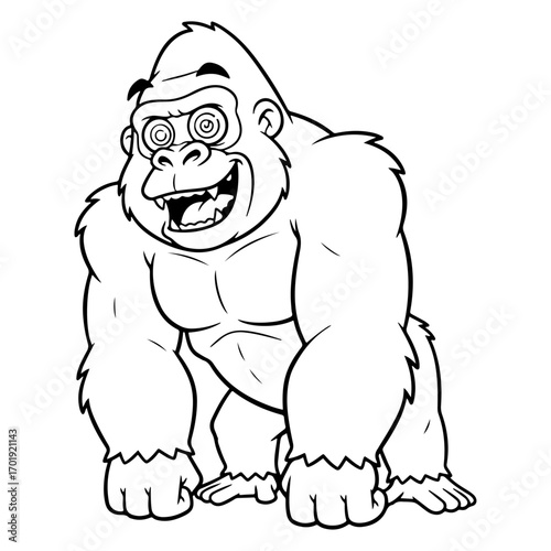 A powerful gorilla with a smiling face and crazy eyes, ideal for cartoons, animations, print, and content design.