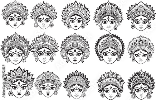 Durga Face Combo Pack Vector Illustration – Black Bold Outline Goddess Durga Face Collection