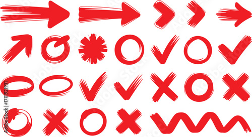 A versatile set of hand-drawn red brush stroke design elements. Features arrows, circles, checkmarks, and crosses as vector symbols