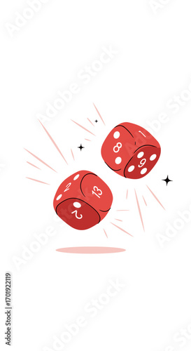 Two red dice mid air showing random numbers for chance and luck in a game