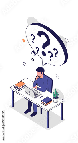 A person contemplating many questions while working at a desk with a laptop and books