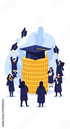 Graduates celebrating success around a stack of gold coins to represent educational investment and future prosperity
