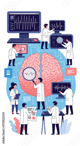 Scientists conduct advanced brain research analyzing neural activity and cognitive functions through technology