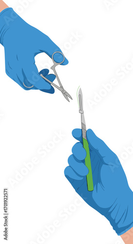Surgical instruments are passed between two gloved hands a medical procedure requires precision and sterile technique