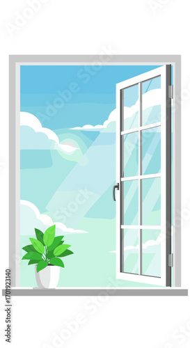Bright sunny day through an open window with a potted plant and fluffy clouds in a clear blue sky