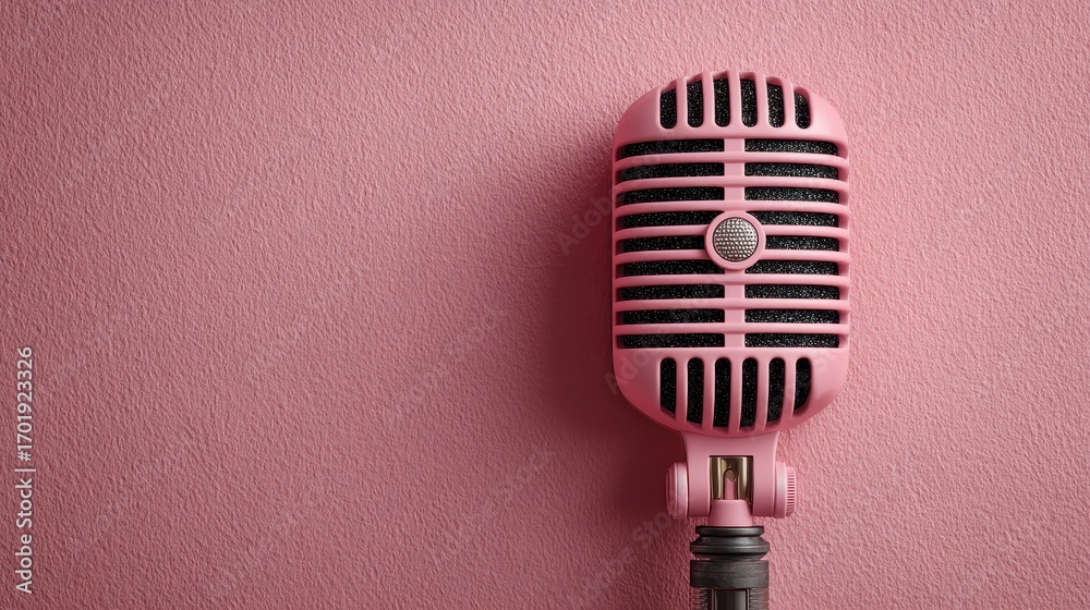 Fototapeta premium Close up view of a pink vintage microphone on a pink textured surface. The microphone has a classic design with a grill.