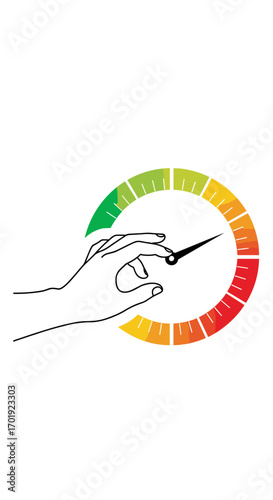 Measuring and adjusting performance with a dial gauge and hand indicating user interaction and control over speed and efficiency levels