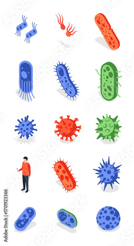 Illustration of various microscopic organisms and their shapes in isometric perspective