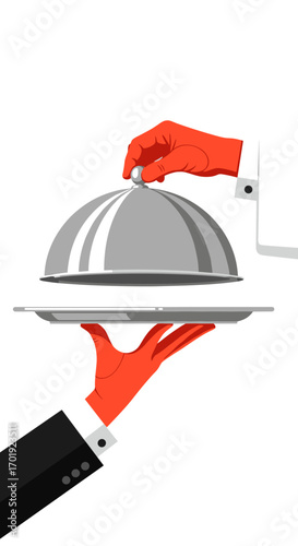 An elegant server presents a covered meal on a silver platter with a flair of fine dining service