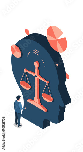 Conceptualizing legal judgment and ethical decision making in human cognition illustrated by a man observing scales of justice within a head silhouette