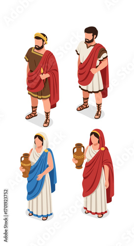 Ancient roman citizens attire and accessories depicting traditional historical clothing styles