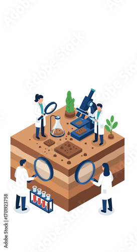 Scientists conduct research on soil layers examining samples with microscopes and magnifying glasses understanding earth science and geology