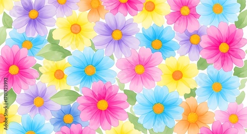 Colorful watercolor flower background with pink yellow blue and purple blooms