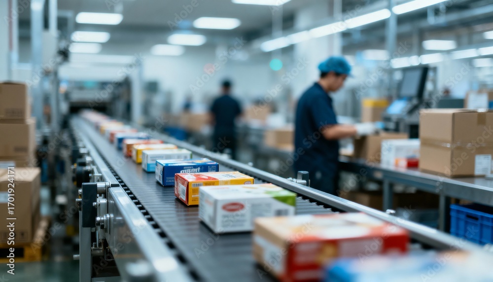 Obraz premium Automated Production Line: Packaging on Conveyor Belt in a Modern Factory Setting for Efficient Manufacturing