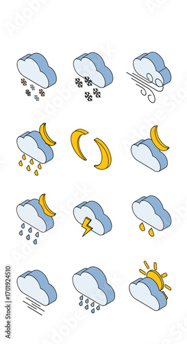 Collection of isometric weather icons representing diverse atmospheric conditions and celestial phenomena