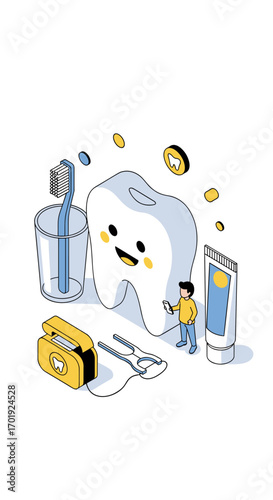 Cartoon tooth character with dental hygiene items promoting oral care and healthy smiles for everyone